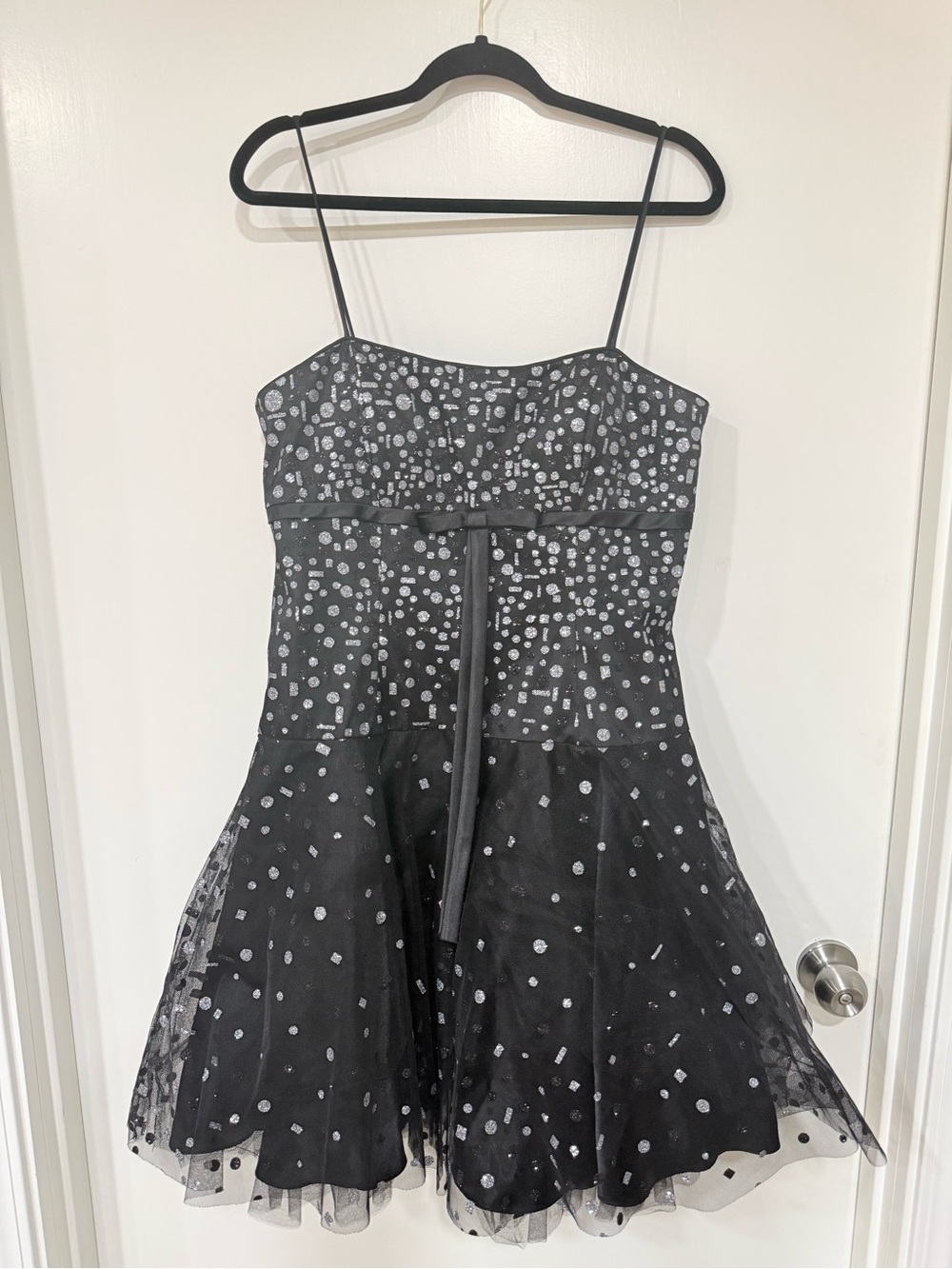 Betsy & Adam Black Spotted Mini Dress with Silver Accents